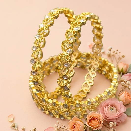Gold Plated Kada Set Studded With Zircon Stone - Set Of 2