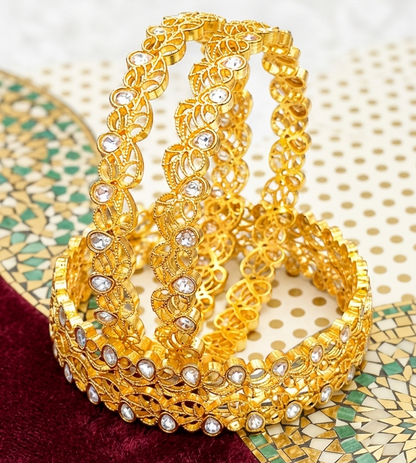 Gold Plated Kada Set Studded With Zircon Stone - Set Of 2