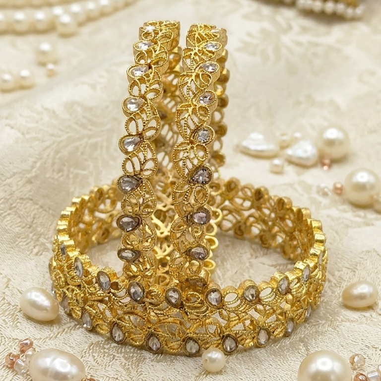 Gold Plated Kada Set Studded With Zircon Stone - Set Of 2
