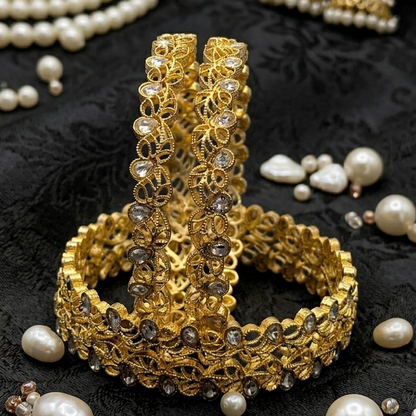 Gold Plated Kada Set Studded With Zircon Stone - Set Of 2