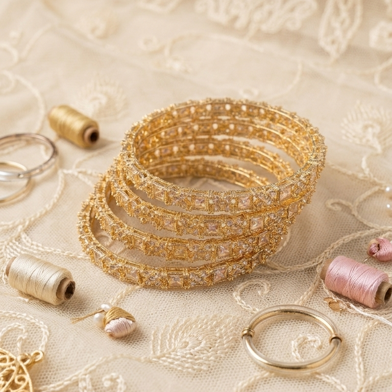 Gold Plated Kada Set With Zircon Stone Work - Set Of 2