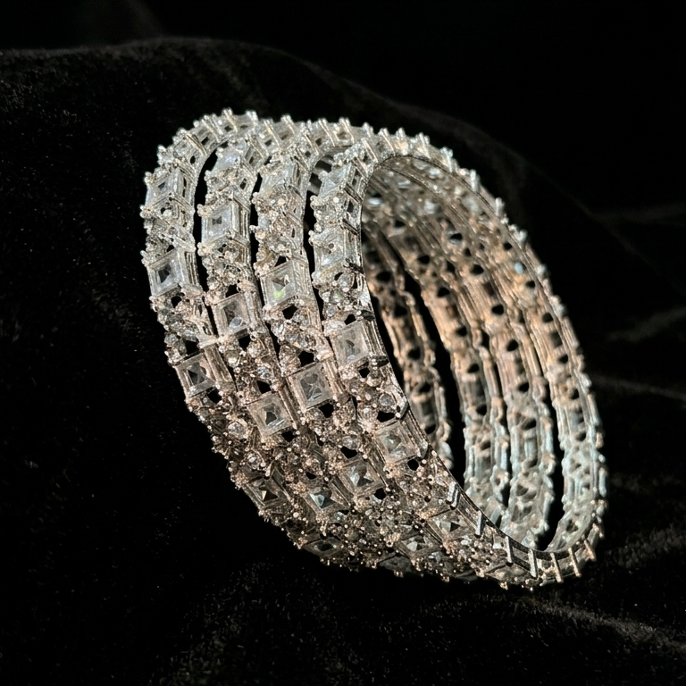 Silver Plated Kada Set With Zircon Stone Work - Set Of 2
