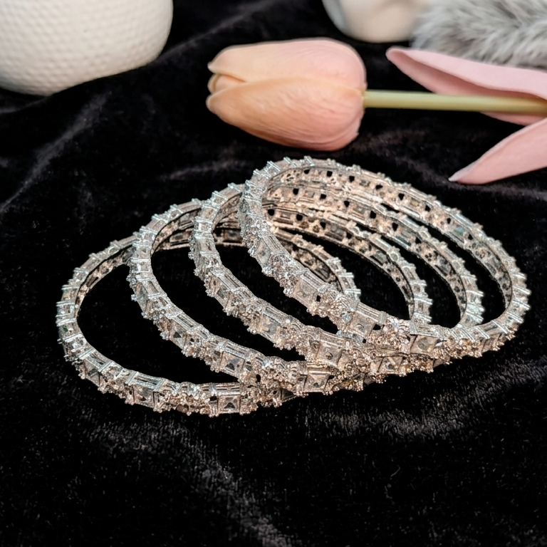 Silver Plated Kada Set With Zircon Stone Work - Set Of 2