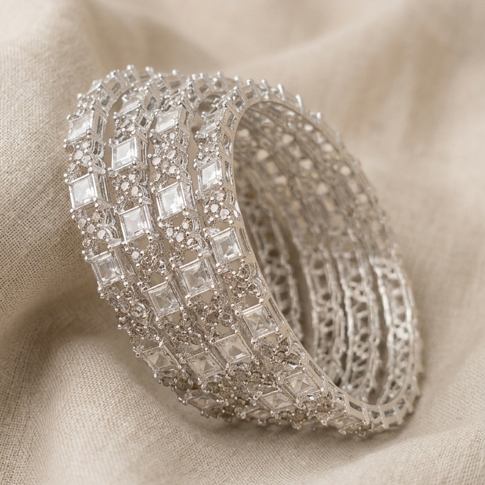 Silver Plated Kada Set With Zircon Stone Work - Set Of 2
