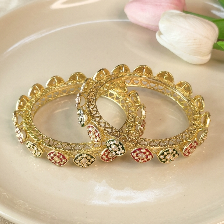 Gold Plated Polki Design Meenakari Kada Set - Set Of 2