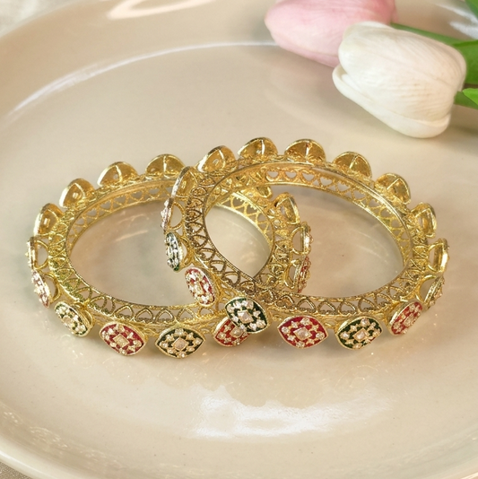 Gold Plated Polki Design Meenakari Kada Set - Set Of 2