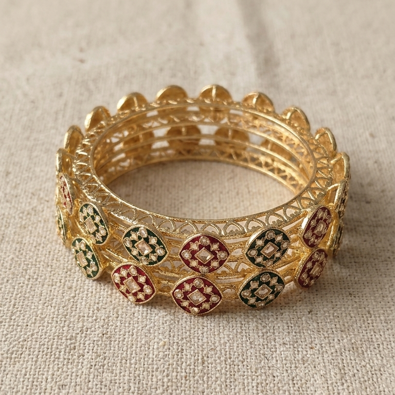 Gold Plated Polki Design Meenakari Kada Set - Set Of 2