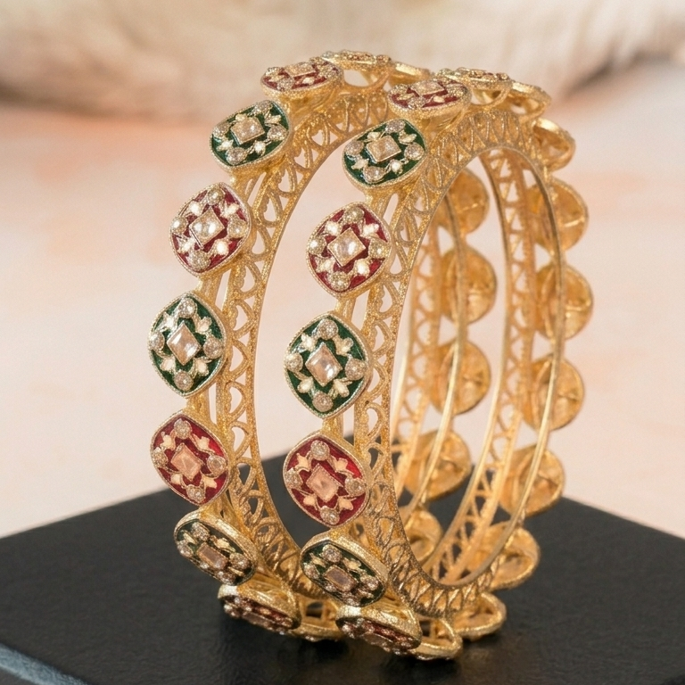Gold Plated Polki Design Meenakari Kada Set - Set Of 2