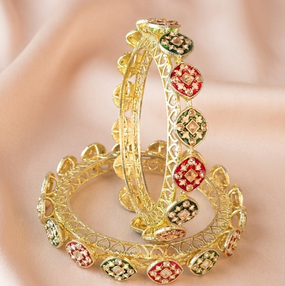Gold Plated Polki Design Meenakari Kada Set - Set Of 2