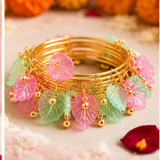 Gold Plated Pink Green Leaf Ghunghroo Bangles Set for Girls - Set Of 8