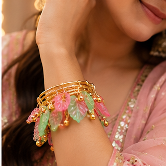 Gold Plated Pink Green Leaf Ghunghroo Bangles Set for Girls - Set Of 8