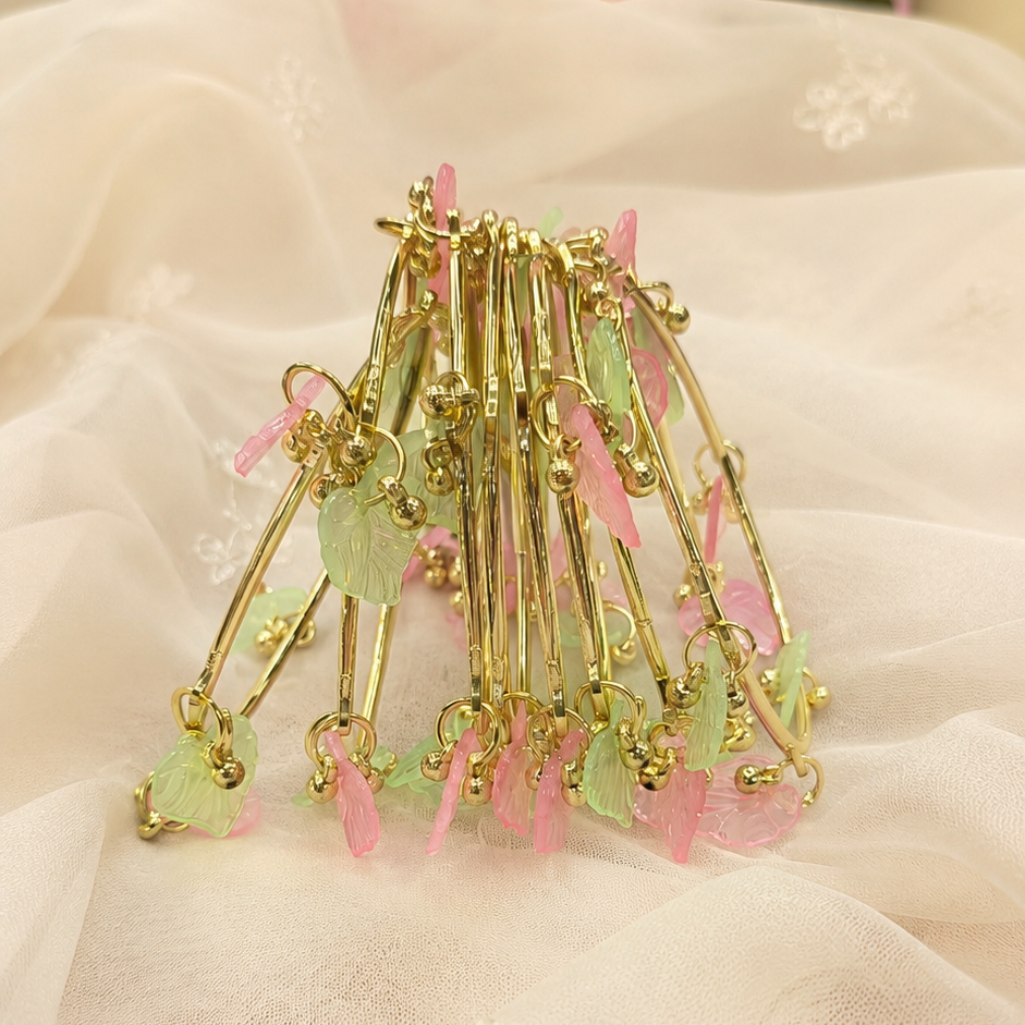 Gold Plated Pink Green Leaf Ghunghroo Bangles Set for Girls - Set Of 8