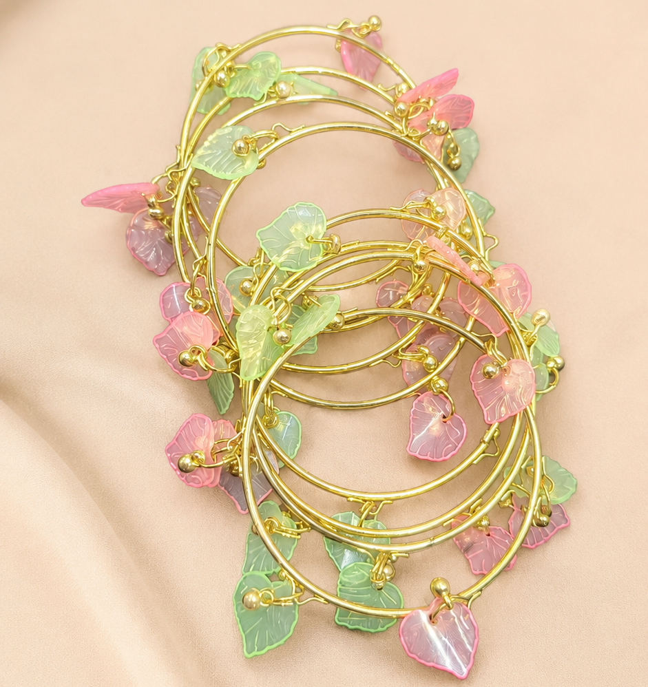 Gold Plated Pink Green Leaf Ghunghroo Bangles Set for Girls - Set Of 8