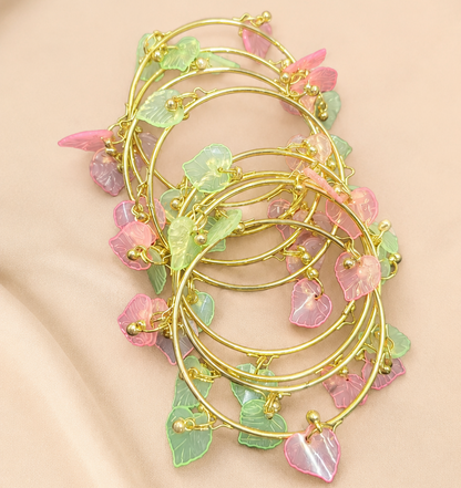 Gold Plated Pink Green Leaf Ghunghroo Bangles Set for Girls - Set Of 8