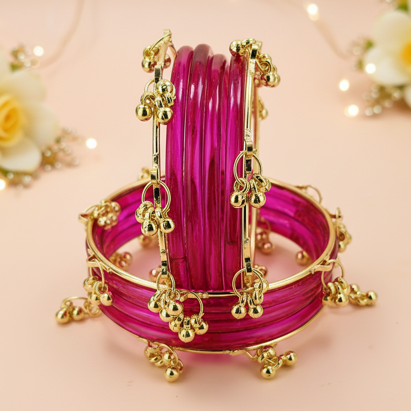 Stylish Magenta Ghungroo Bangles Set  Gold-Toned Alloy with Elegant Latkan Design  (Set of 12)