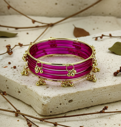 Stylish Magenta Ghungroo Bangles Set  Gold-Toned Alloy with Elegant Latkan Design  (Set of 12)