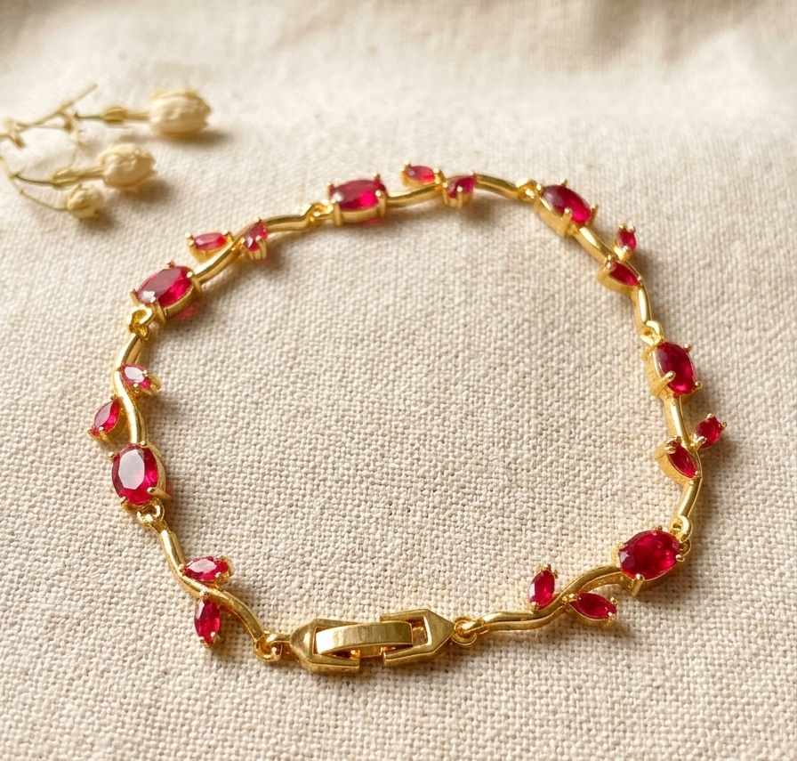 Elegant Gold-Toned Bracelet with Magenta Stone & Zircon Accents for Women & Girls | Stylish Designer Chain Bracelet for Daily & Party Wear