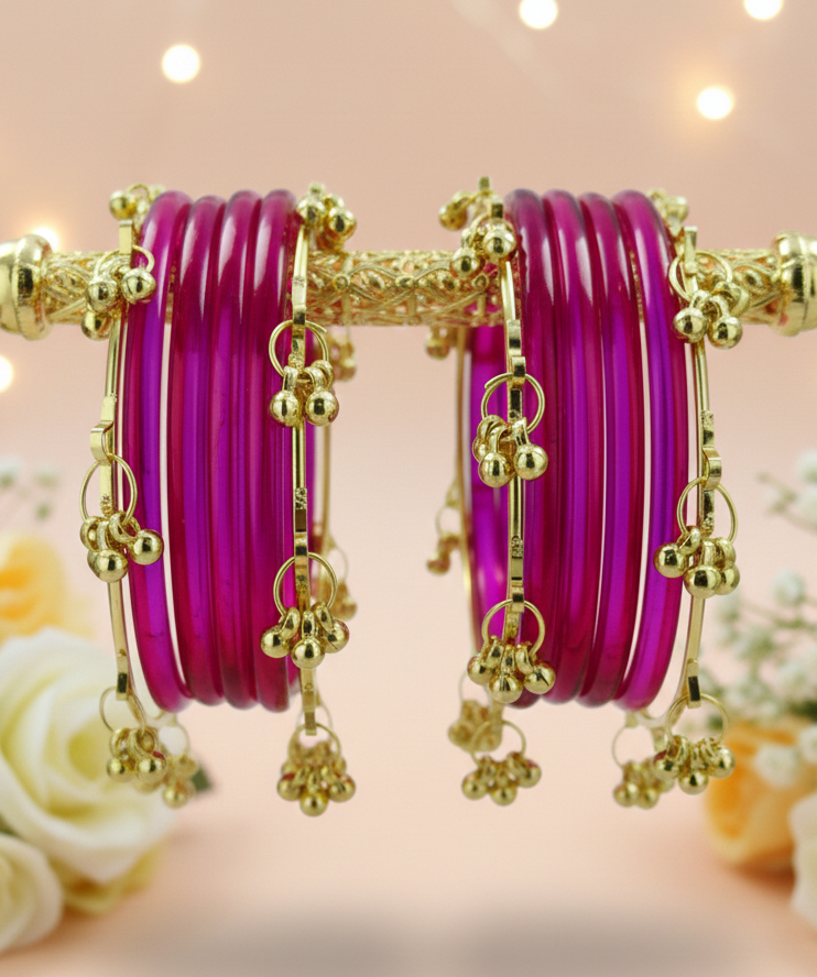 Stylish Magenta Ghungroo Bangles Set  Gold-Toned Alloy with Elegant Latkan Design  (Set of 12)