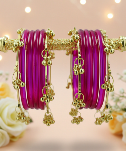 Stylish Magenta Ghungroo Bangles Set  Gold-Toned Alloy with Elegant Latkan Design  (Set of 12)