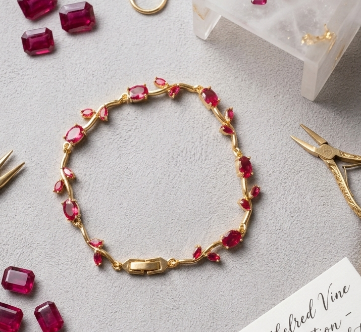 Elegant Gold-Toned Bracelet with Magenta Stone & Zircon Accents for Women & Girls | Stylish Designer Chain Bracelet for Daily & Party Wear
