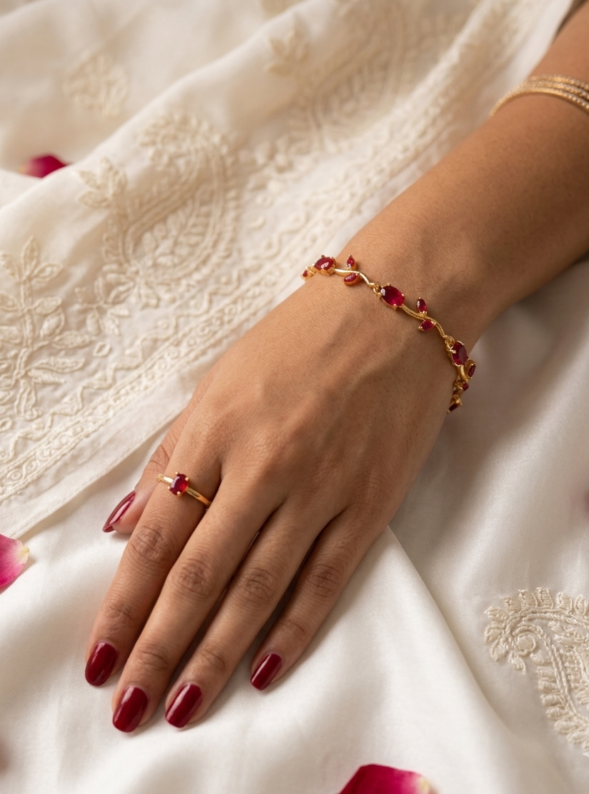Elegant Gold-Toned Bracelet with Magenta Stone & Zircon Accents for Women & Girls | Stylish Designer Chain Bracelet for Daily & Party Wear