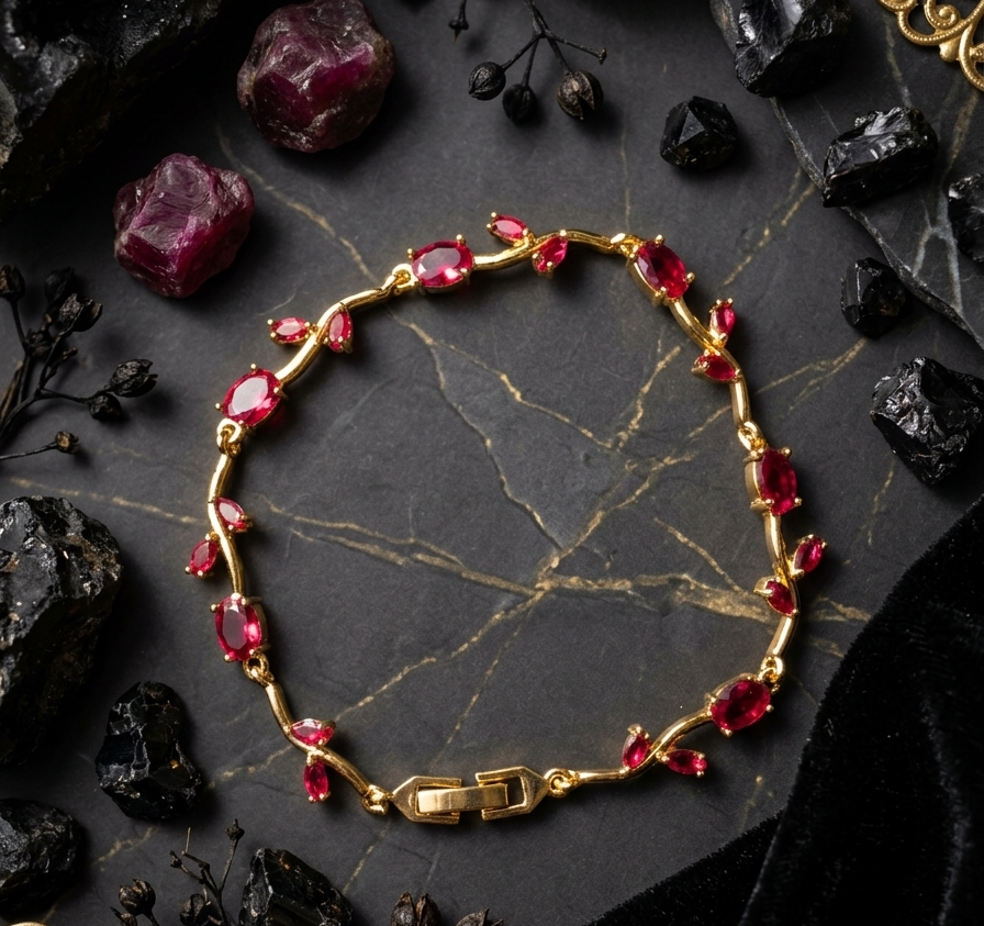 Elegant Gold-Toned Bracelet with Magenta Stone & Zircon Accents for Women & Girls | Stylish Designer Chain Bracelet for Daily & Party Wear