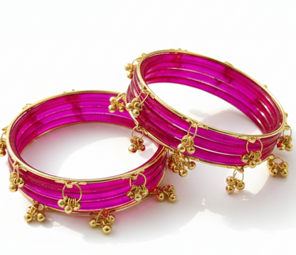 Stylish Magenta Ghungroo Bangles Set  Gold-Toned Alloy with Elegant Latkan Design  (Set of 12)