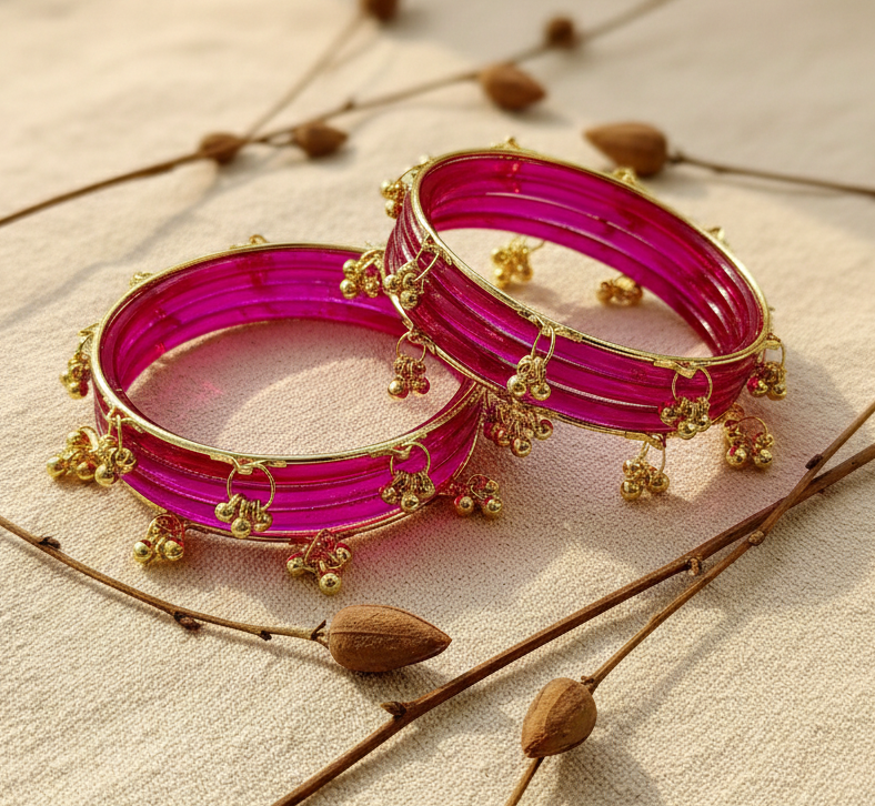 Stylish Magenta Ghungroo Bangles Set  Gold-Toned Alloy with Elegant Latkan Design  (Set of 12)