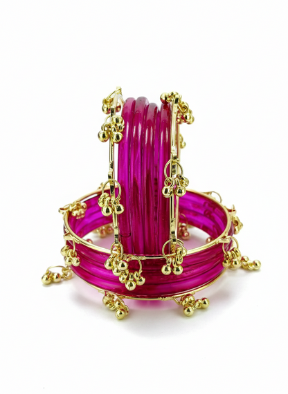 Stylish Magenta Ghungroo Bangles Set  Gold-Toned Alloy with Elegant Latkan Design  (Set of 12)