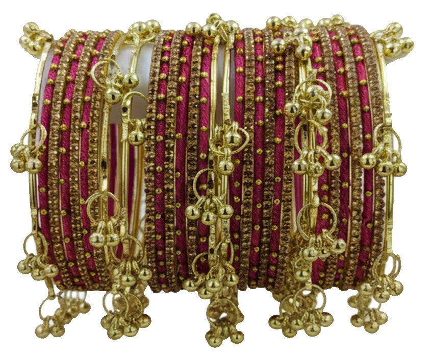 Traditional Magenta Silk Thread Kashmiri Goti Metal Kangan for-Set of 32