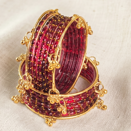Trendy Glass Bangles With Gold Ghunghroo Set - Set Of 16