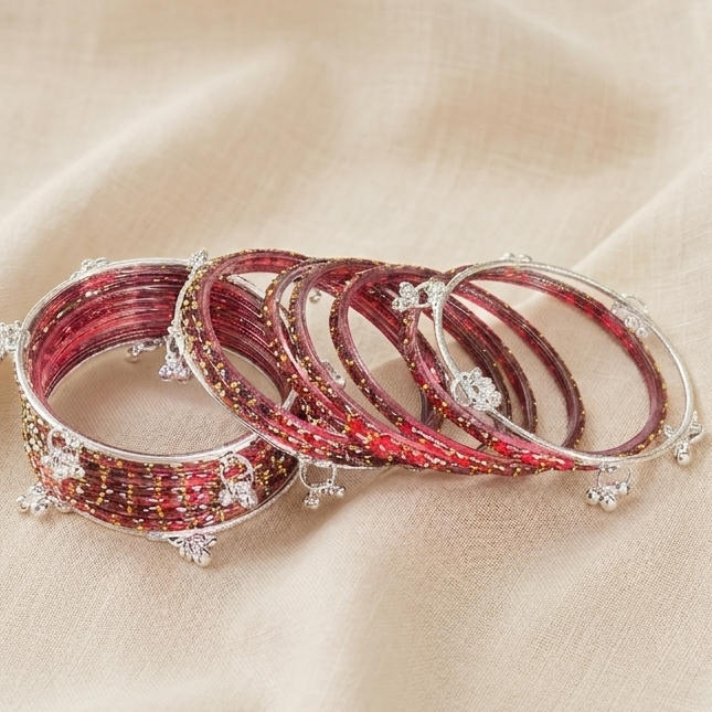 Trending Glass Bangle With Silver Ghunghroo Set For Women & Girls - Set Of 16