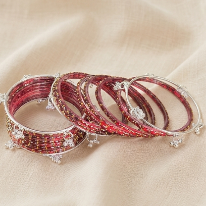 Trending Glass Bangle With Silver Ghunghroo Set For Women & Girls - Set Of 16