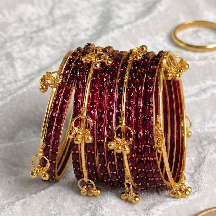 Trendy Glass Bangles With Gold Ghunghroo Set - Set Of 16