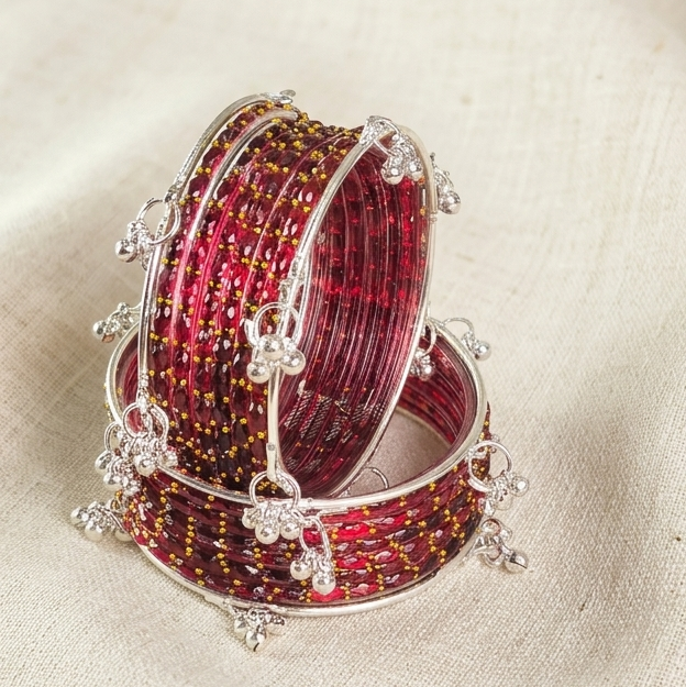 Trending Glass Bangle With Silver Ghunghroo Set For Women & Girls - Set Of 16