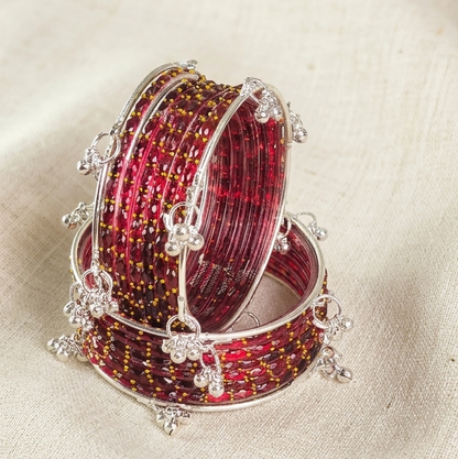 Trending Glass Bangle With Silver Ghunghroo Set For Women & Girls - Set Of 16