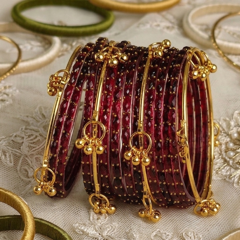 Trendy Glass Bangles With Gold Ghunghroo Set - Set Of 16