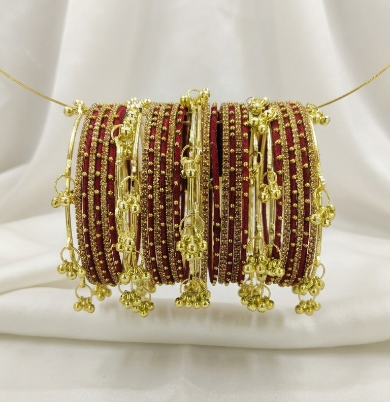 Traditional Maroon Thread Bangles Kashmiri Goti Metal Kangan for-Set of 32