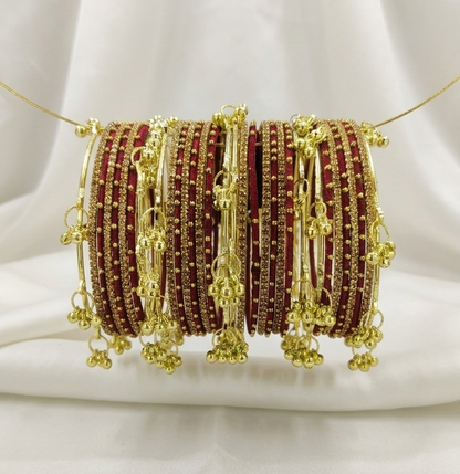 Traditional Maroon Thread Bangles Kashmiri Goti Metal Kangan for-Set of 32
