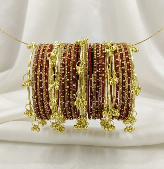 Traditional Maroon Thread Bangles Kashmiri Goti Metal Kangan for-Set of 32