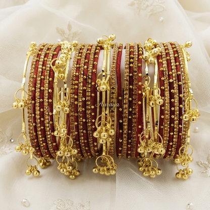 Traditional Maroon Thread Bangles Kashmiri Goti Metal Kangan for-Set of 32