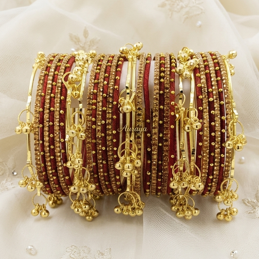 Traditional Maroon Thread Bangles Kashmiri Goti Metal Kangan for-Set of 32