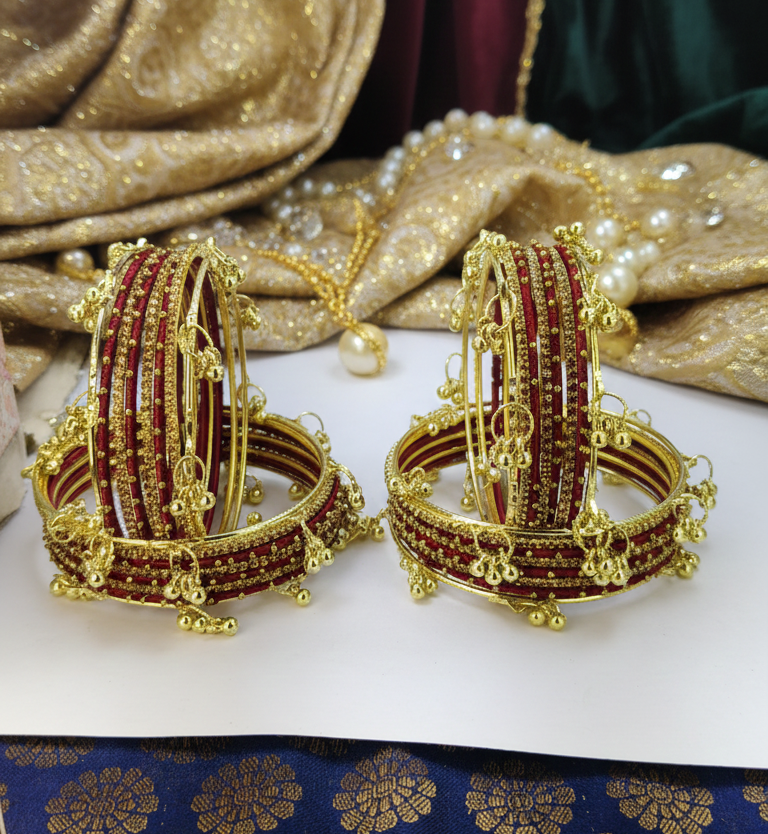 Traditional Maroon Thread Bangles Kashmiri Goti Metal Kangan for-Set of 32