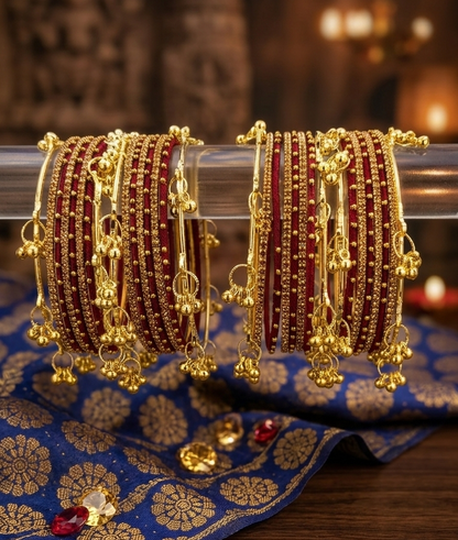 Traditional Maroon Thread Bangles Kashmiri Goti Metal Kangan for-Set of 32