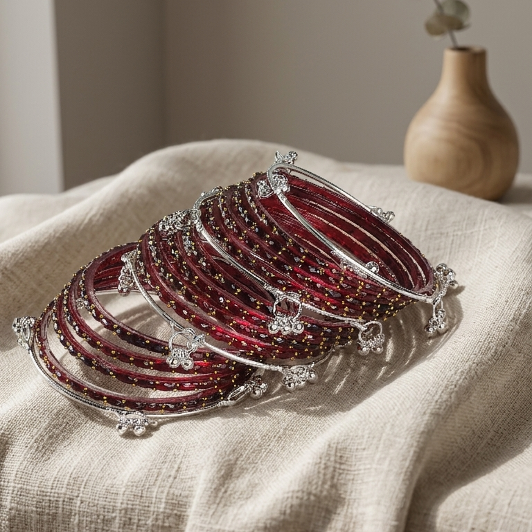 Trending Glass Bangle With Silver Ghunghroo Set For Women & Girls - Set Of 16