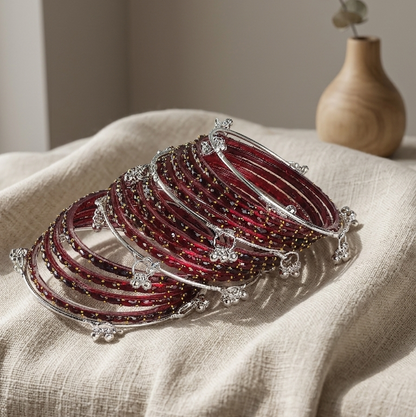 Trending Glass Bangle With Silver Ghunghroo Set For Women & Girls - Set Of 16