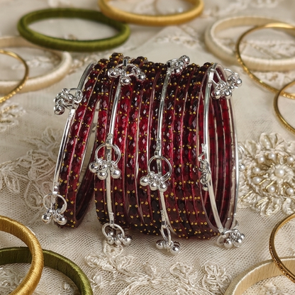 Trending Glass Bangle With Silver Ghunghroo Set For Women & Girls - Set Of 16