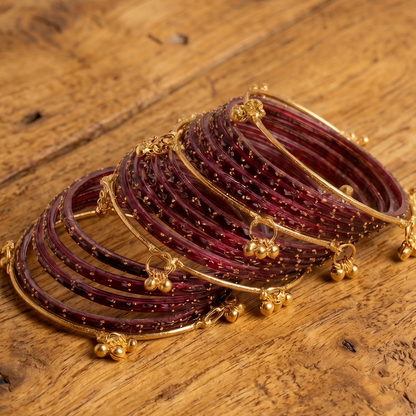 Trendy Glass Bangles With Gold Ghunghroo Set - Set Of 16