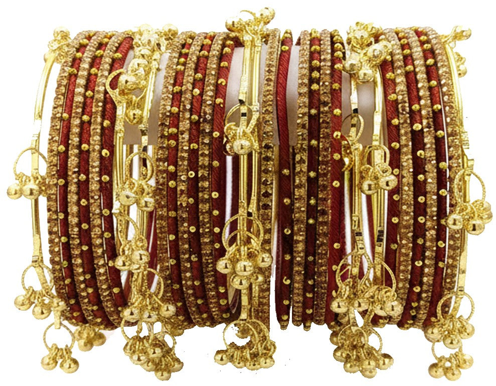 Traditional Maroon Thread Bangles Kashmiri Goti Metal Kangan for-Set of 32