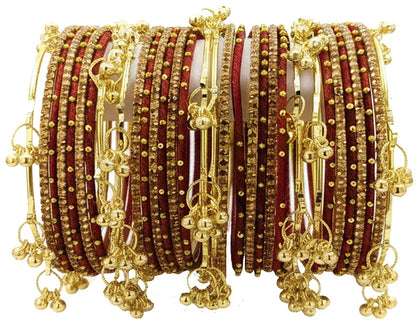 Traditional Maroon Thread Bangles Kashmiri Goti Metal Kangan for-Set of 32